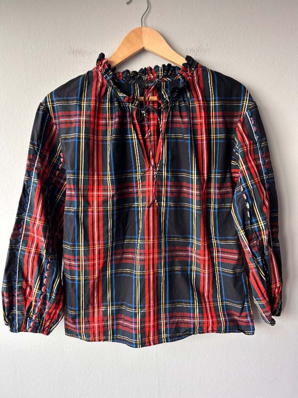 J.Crew Cottage Top Plaid Ruffle Neck Long Sleeve Blouse 100% Cotton XS